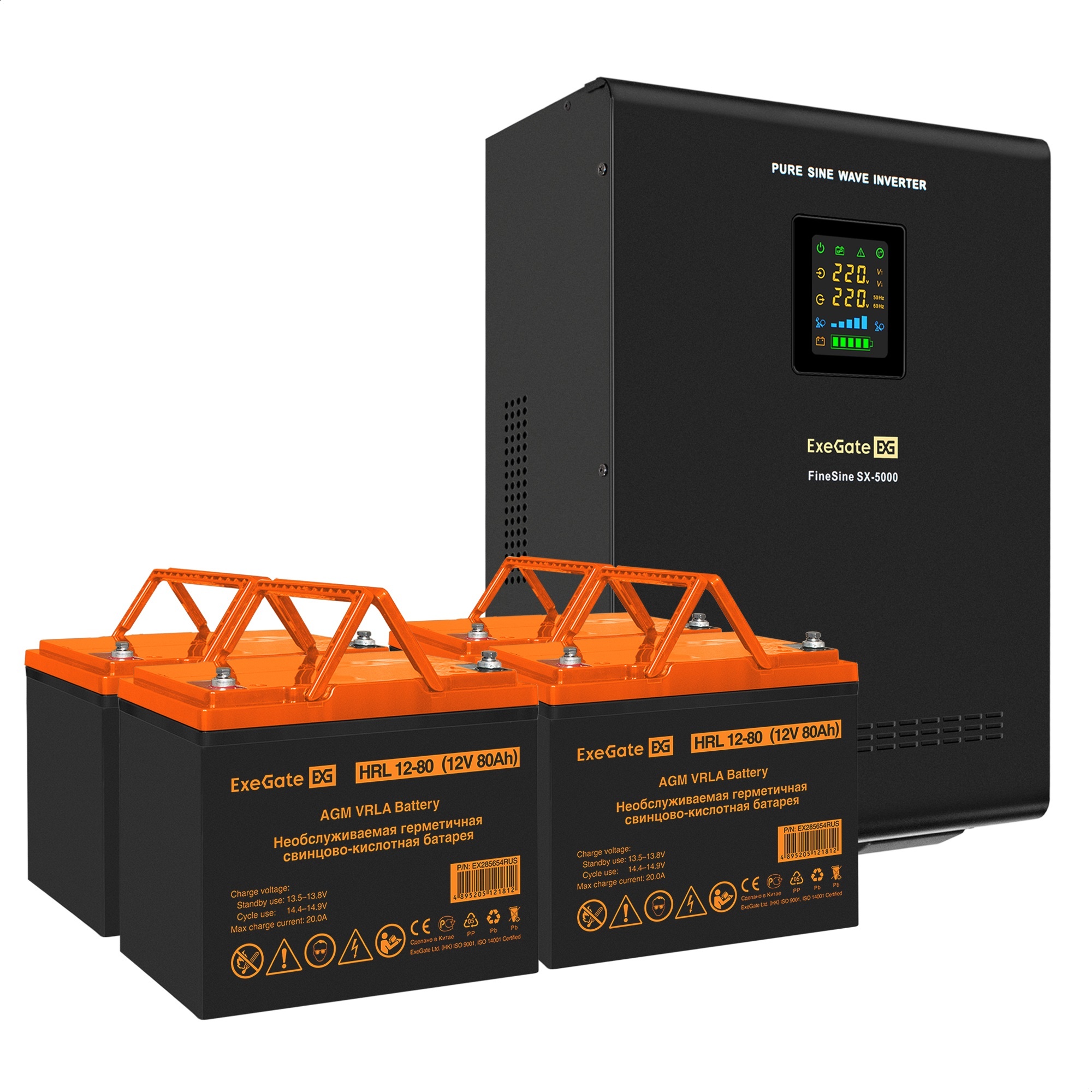 Комплект ИБП ExeGate FineSine SX-5000.LCD.AVR.2SH.T + Батарея 80Aч, 4 шт. (ИБП  + АКБ , 4шт.)