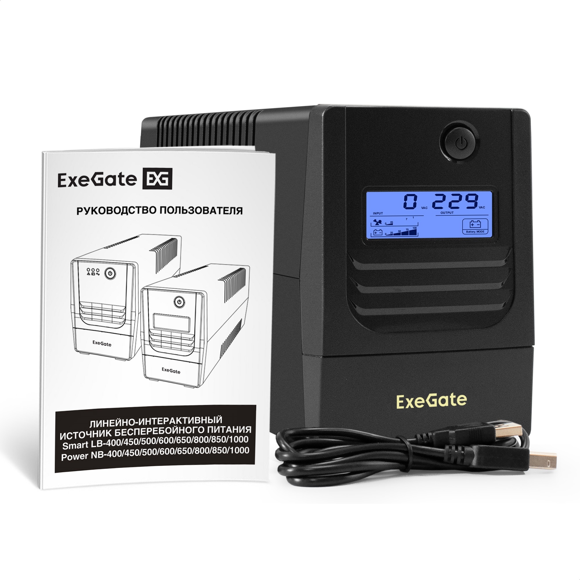 ИБП ExeGate Smart LB-1000.LCD.AVR.2SH.USB (1000VA/650W, LCD, AVR, 2*Schuko, USB, батарея 12V 9Ah, Black)