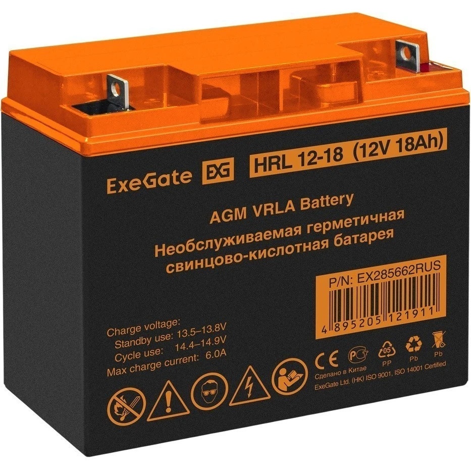 Аккумуляторная батарея ExeGate EX285662RUS HRL 12-18 (12V 18Ah, клеммы F3 (болт М5 с гайкой))