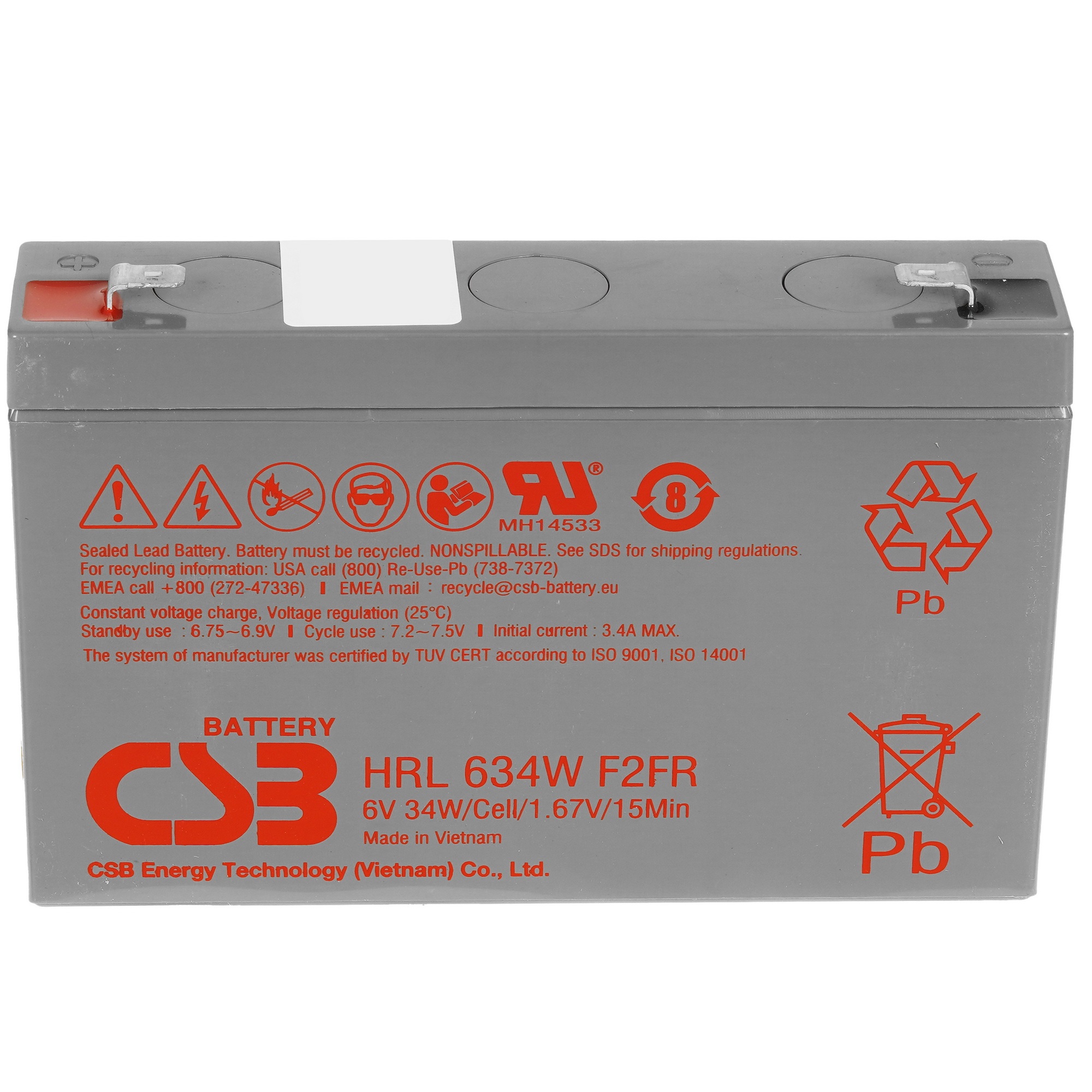 Аккумулятор 6V 9Ah CSB HRL634W (HRL634WF2FR) клеммы F2  , огнеупорные