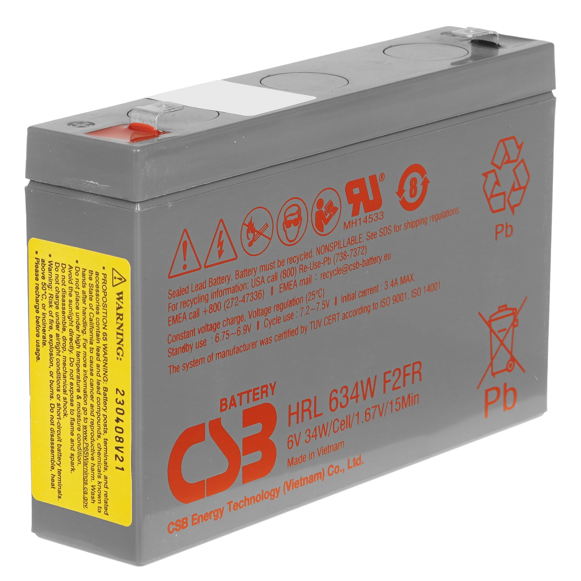 Аккумулятор 6V 9Ah CSB HRL634W (HRL634WF2FR) клеммы F2  , огнеупорные