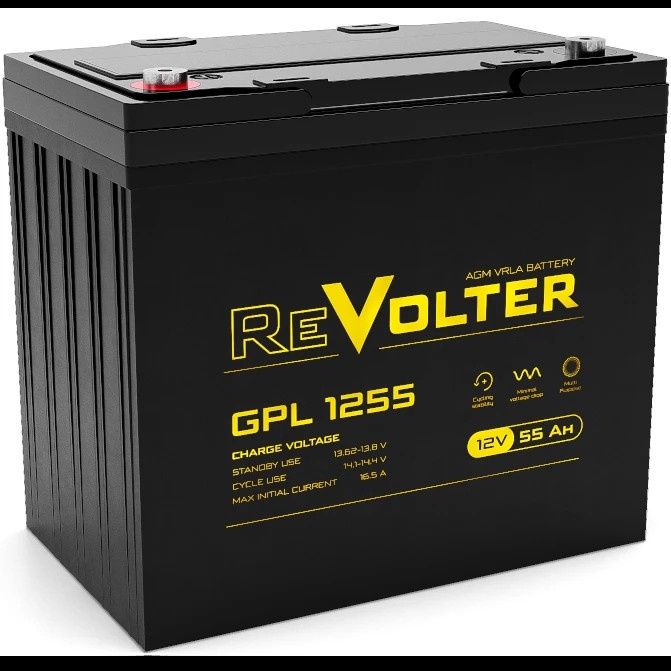 Аккумуляторная батарея REVOLTER GPL 125512В,&nbsp; емкость 55Ач, клемма Болт М6 (230х140х207мм (208мм); С