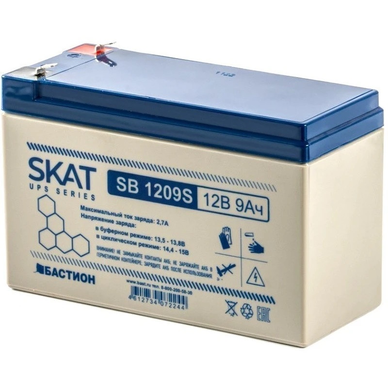 АКБ свинцово-кислотная SKAT SB 1209S тип AGM 12V 9Ач I зар. 2,6 А (ножевые клеммы) (8970)