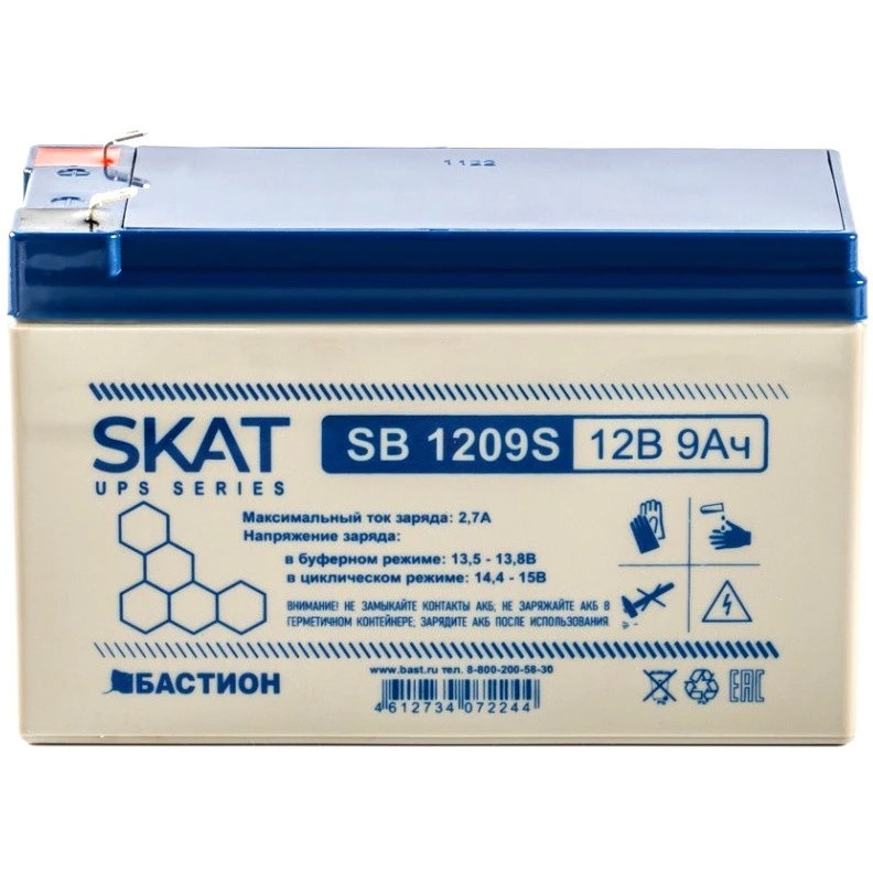 АКБ свинцово-кислотная SKAT SB 1209S тип AGM 12V 9Ач I зар. 2,6 А (ножевые клеммы) (8970)