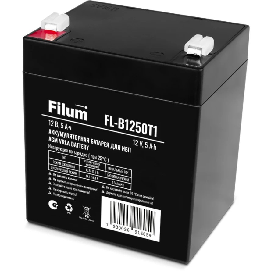 Батарея для ИБП Filum FL-B1250T1/10 AGM VRLA 12 В, 5 Ач, (ШхВхГ) 90х106х70 мм, с клеммой Т1, 10 шт в