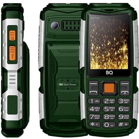Мобильный телефон BQ 2430 Tank Power Green&silver 2.4” 240x320/32+32Mb/BT/2Sim/microSD/0.3Mp/4000mAh